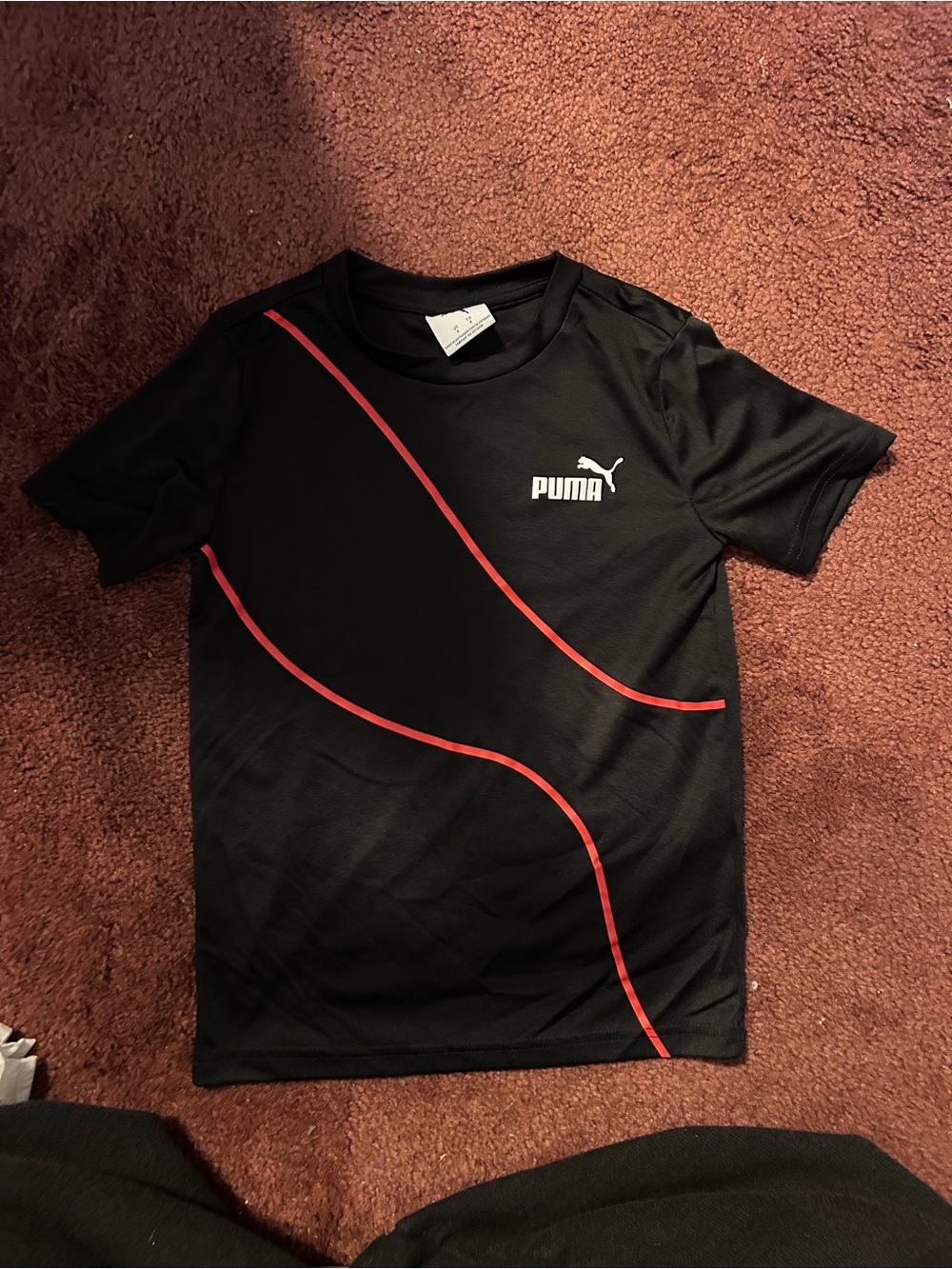 Puma Black Short-Sleeve Athletic Tee with Red Curved Stripes